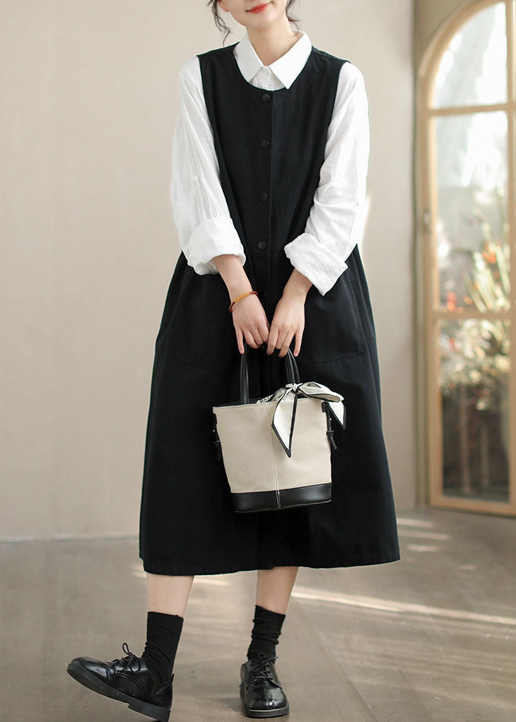 Bohemian Black Oversized Cotton Vacation Dresses Fall