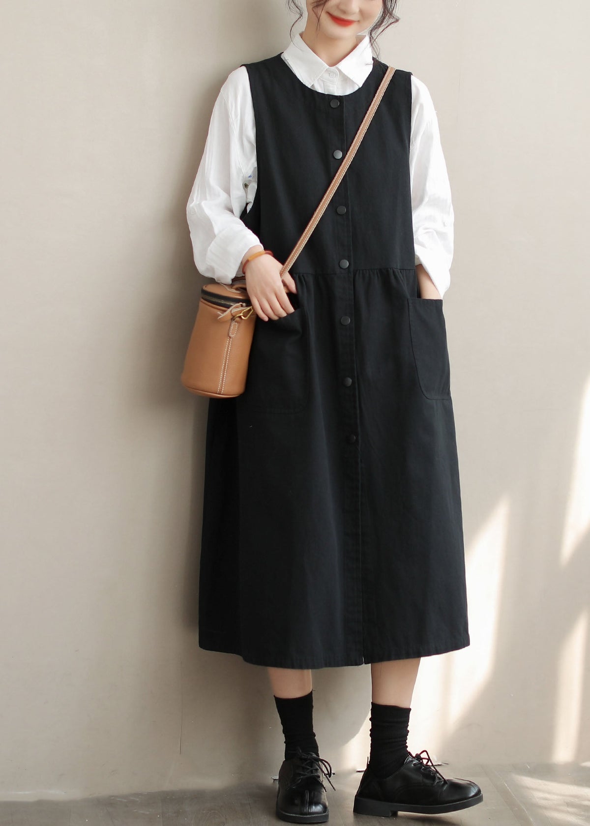 Bohemian Black Oversized Cotton Vacation Dresses Fall