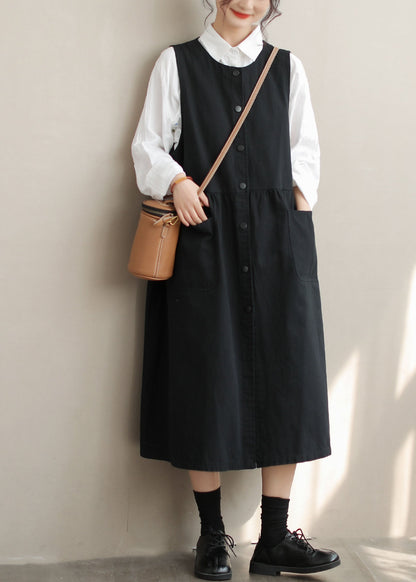 Bohemian Black Oversized Cotton Vacation Dresses Fall
