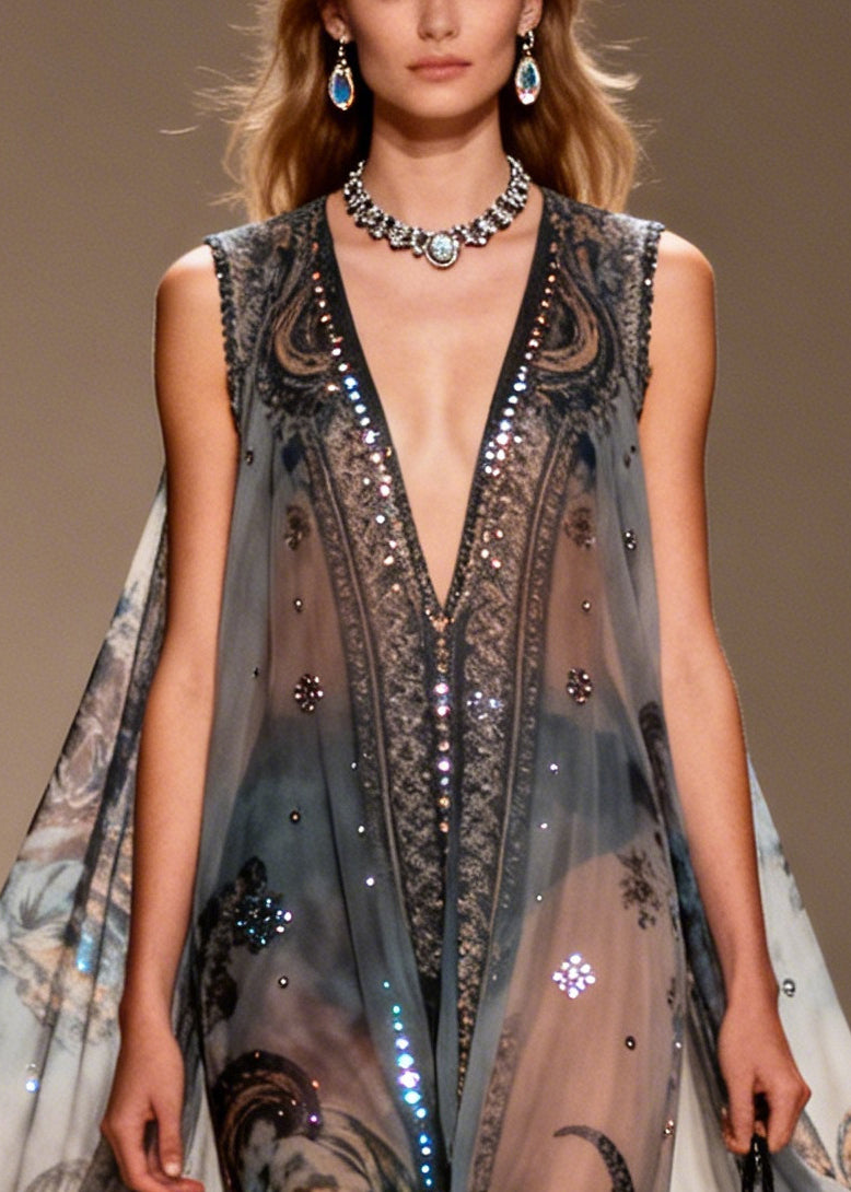 Bohemian Black Oversized Print Sparkly Chiffon Sheer Dresses Summer