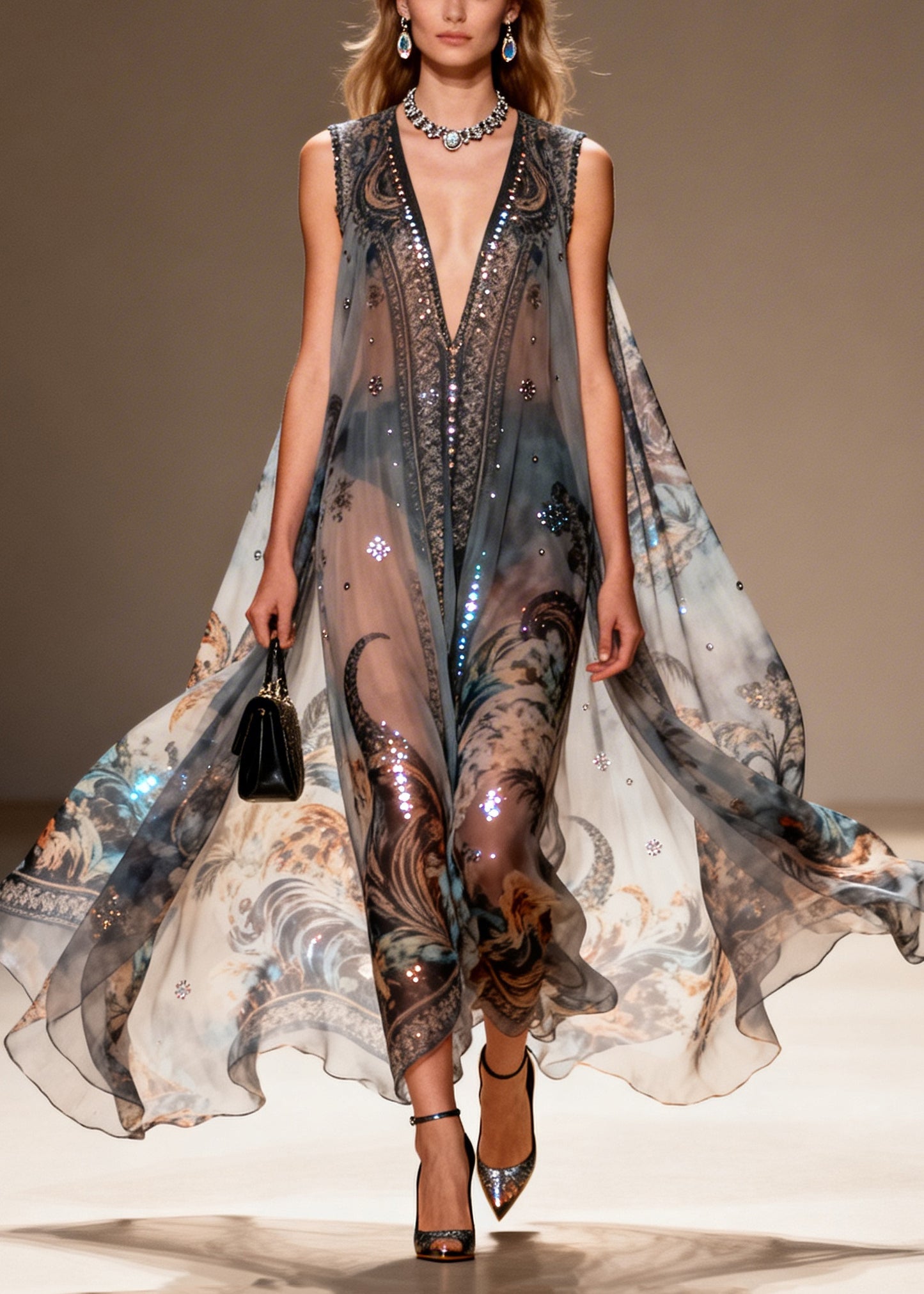 Bohemian Black Oversized Print Sparkly Chiffon Sheer Dresses Summer