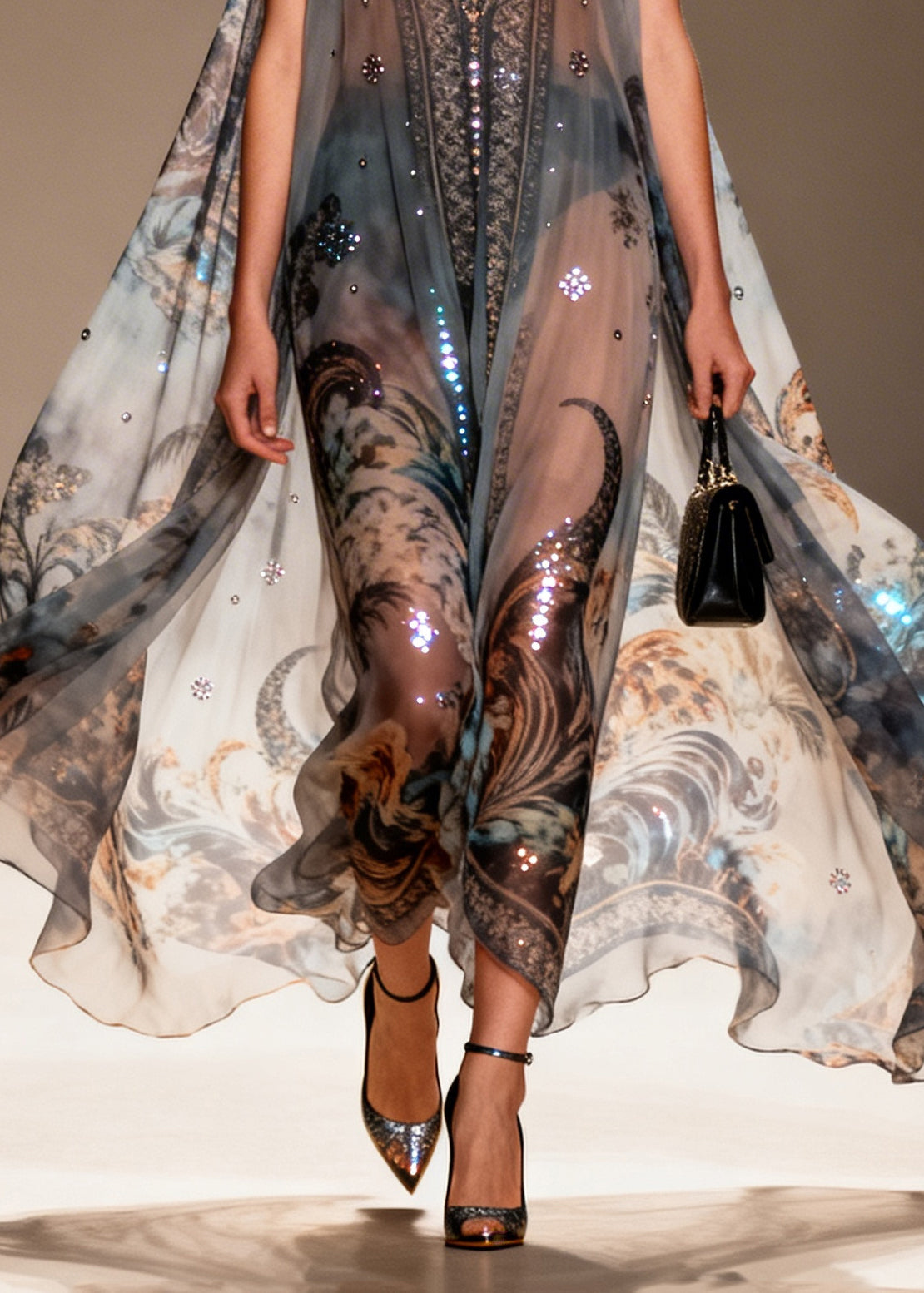 Bohemian Black Oversized Print Sparkly Chiffon Sheer Dresses Summer