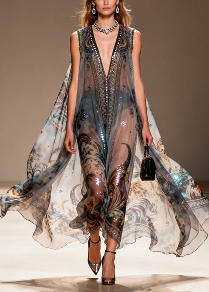 Bohemian Black Oversized Print Sparkly Chiffon Sheer Dresses Summer