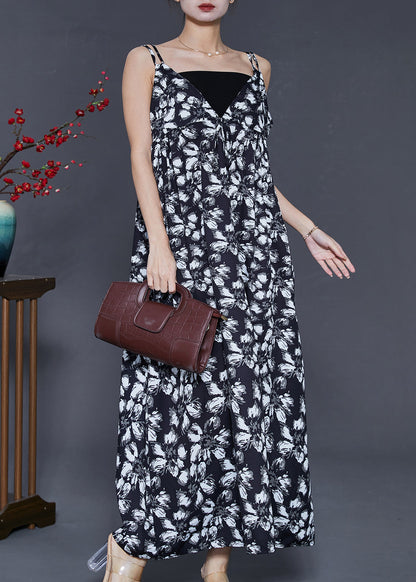 Bohemian Black Print Exra Large Hem Chiffon Sundress Summer