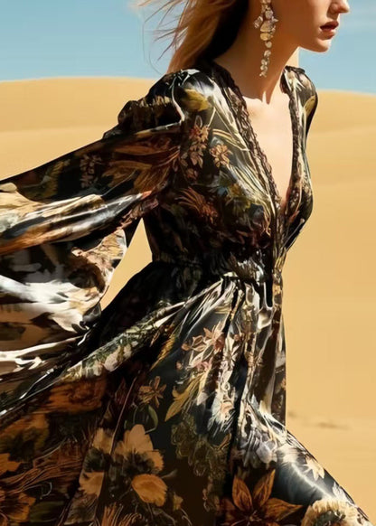 Bohemian Black Print Exra Large Hem Silk Holiday Dresses Spring