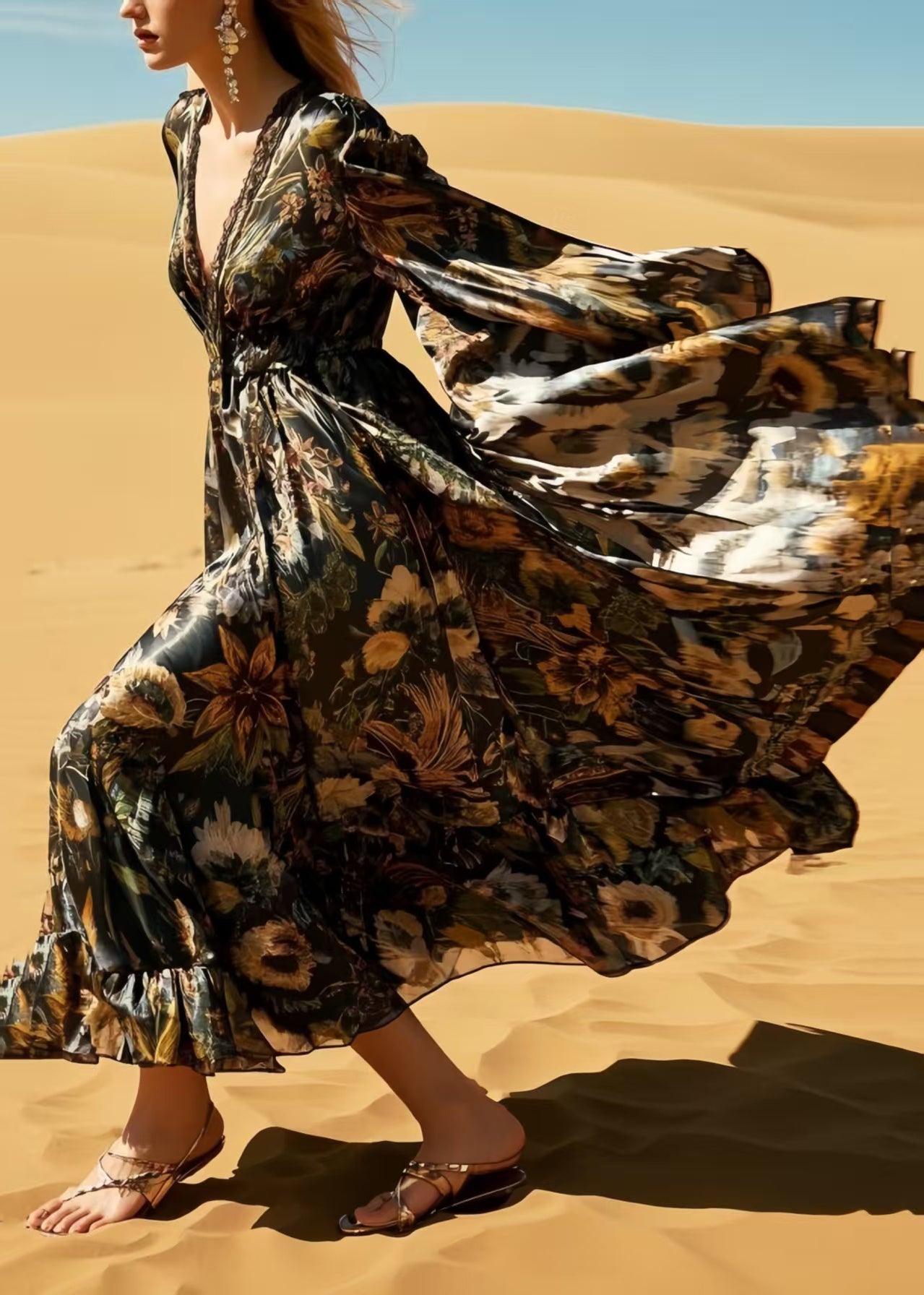 Bohemian Black Print Exra Large Hem Silk Holiday Dresses Spring