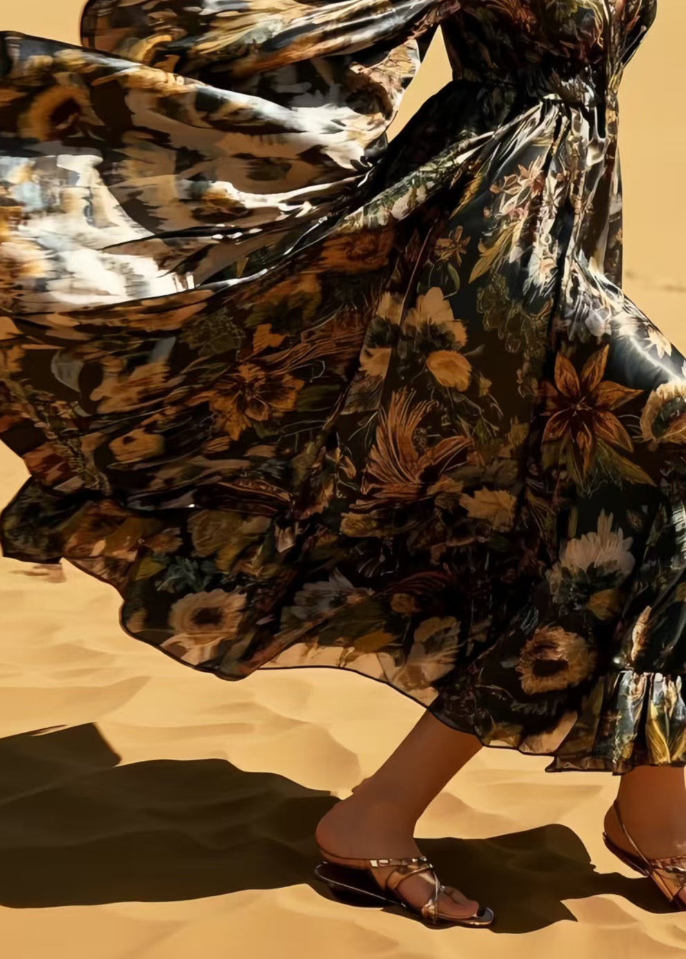 Bohemian Black Print Exra Large Hem Silk Holiday Dresses Spring