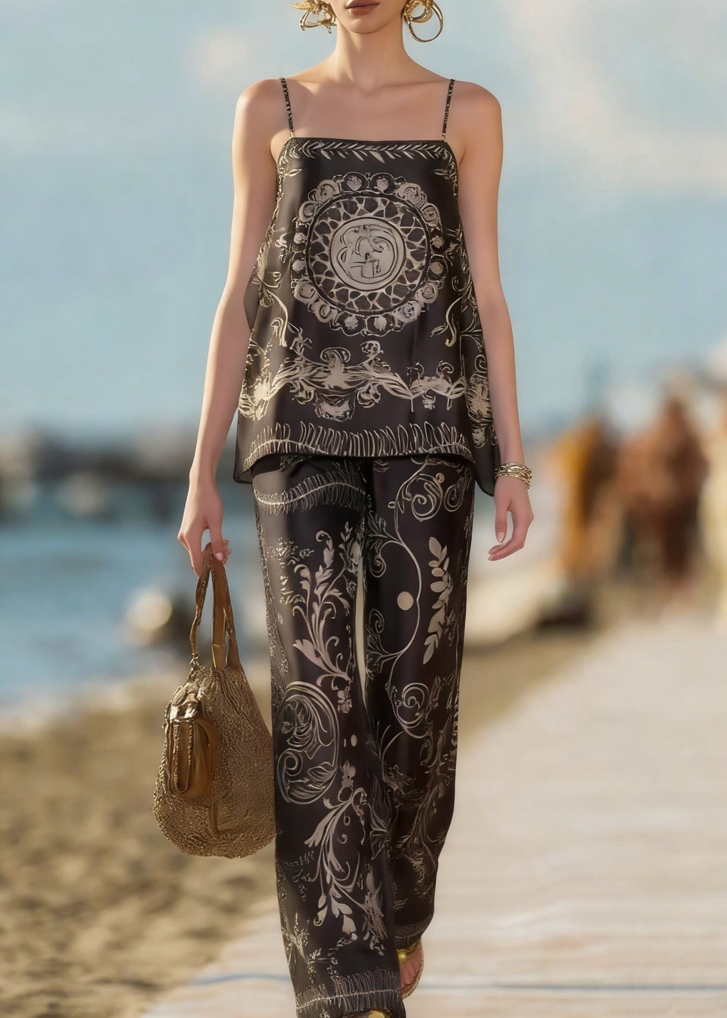 Bohemian Black Print Spaghetti Strap Tank And Pants Silk Cotton Two Piece Set Sleeveless