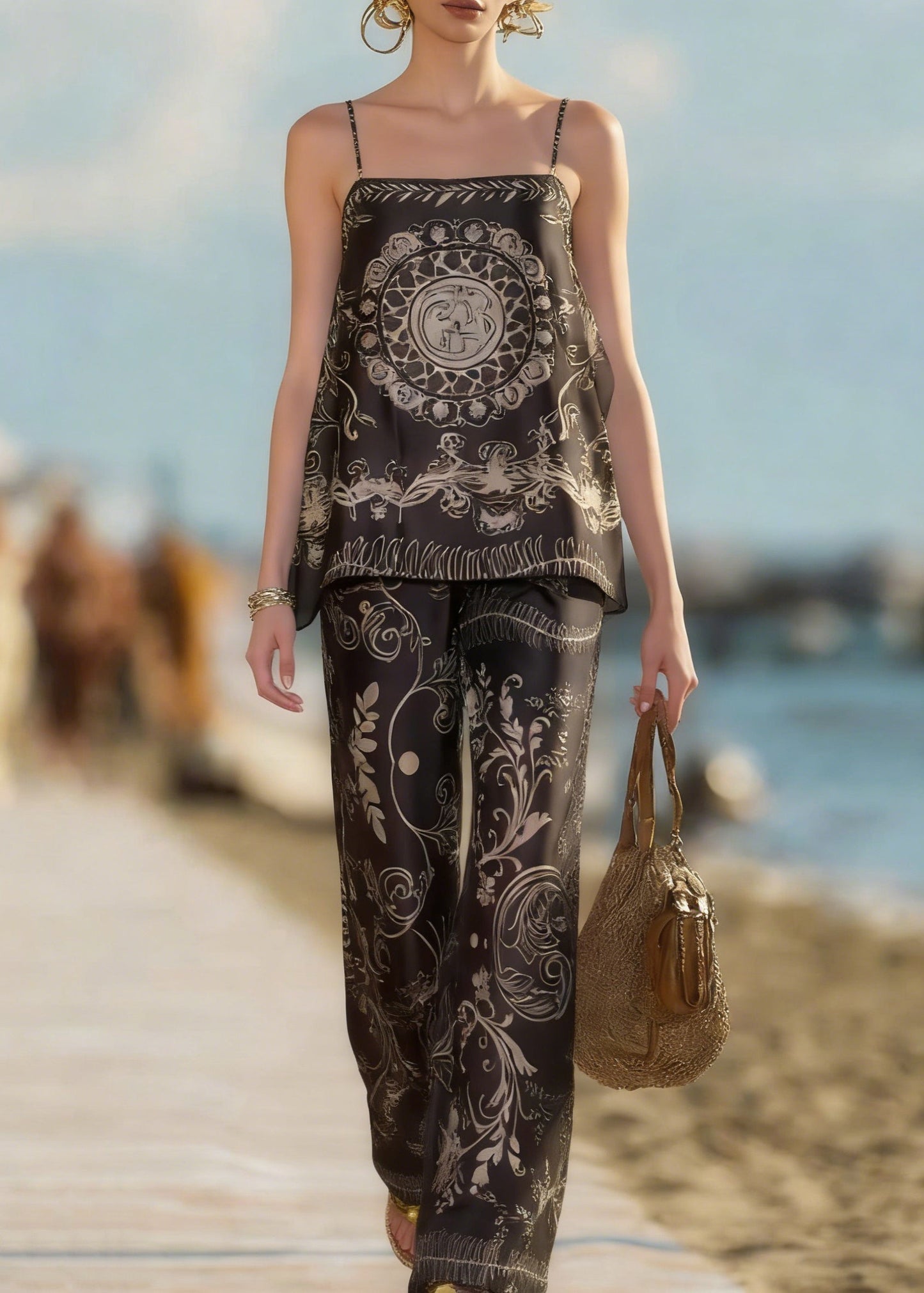 Bohemian Black Print Spaghetti Strap Tank And Pants Silk Cotton Two Piece Set Sleeveless