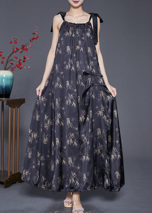 Bohemian Black Print Wrinkled Silk Strap Dresses Summer
