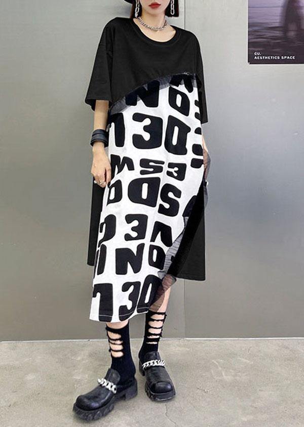 Bohemian Black Print asymmetrical design Graphic Short Sleeve Maxi Dresses - SooLinen