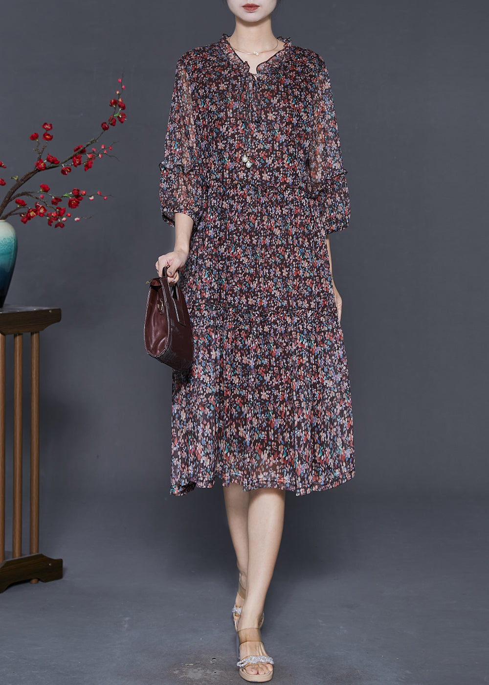 Bohemian Black Ruffled Print Chiffon Robe Dresses Summer