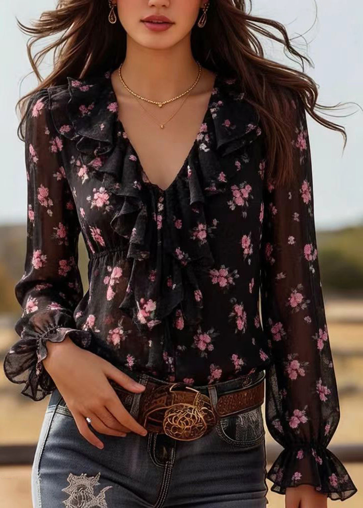 Bohemian Black Ruffled Print Chiffon Top Spring
