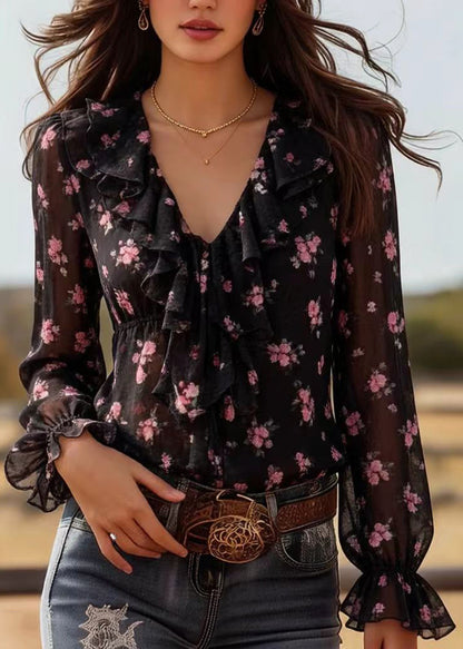Bohemian Black Ruffled Print Chiffon Top Spring