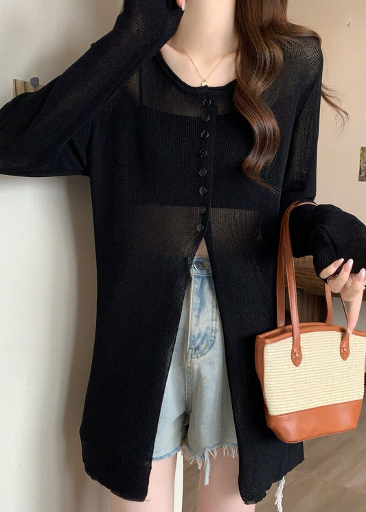 Bohemian Black Side Open Knit Sheer Pullover Fall