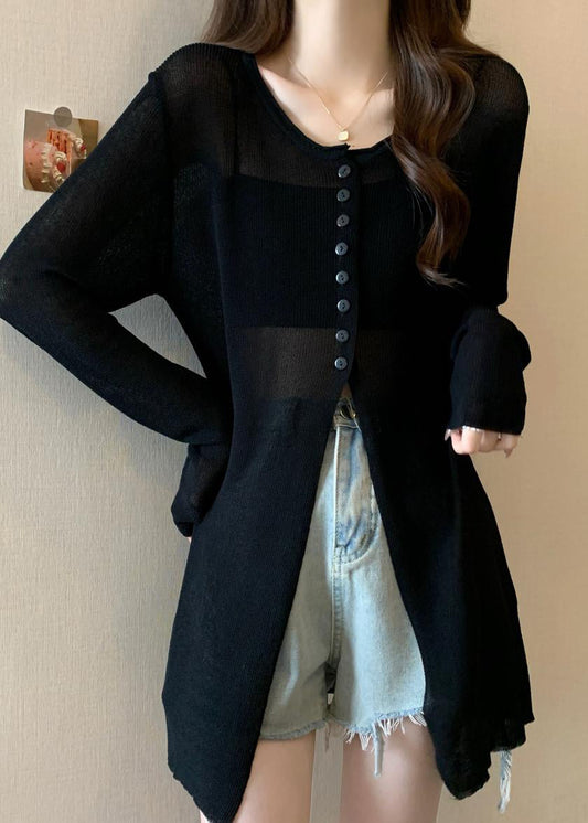 Bohemian Black Side Open Knit Sheer Pullover Fall