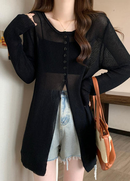Bohemian Black Side Open Knit Sheer Pullover Fall