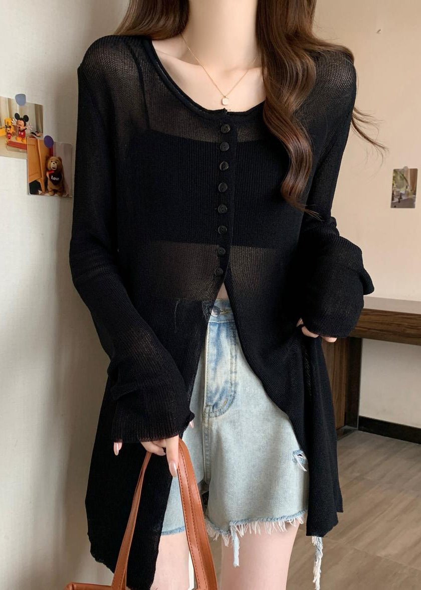 Bohemian Black Side Open Knit Sheer Pullover Fall