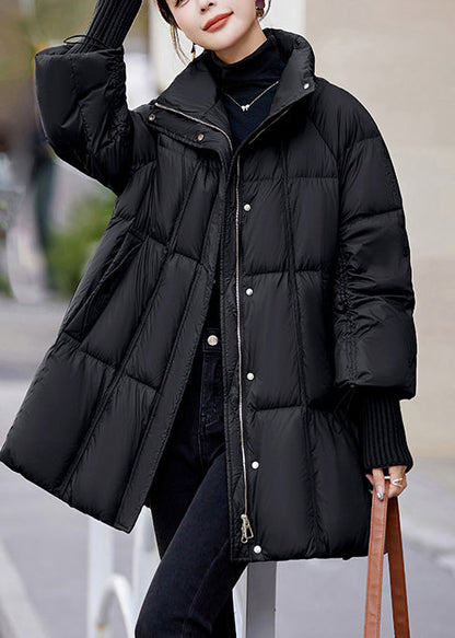 Bohemian Black Stand Collar Drawstring Duck Down Puffer Jacket Winter