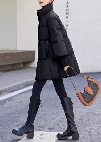 Bohemian Black Stand Collar Drawstring Duck Down Puffer Jacket Winter
