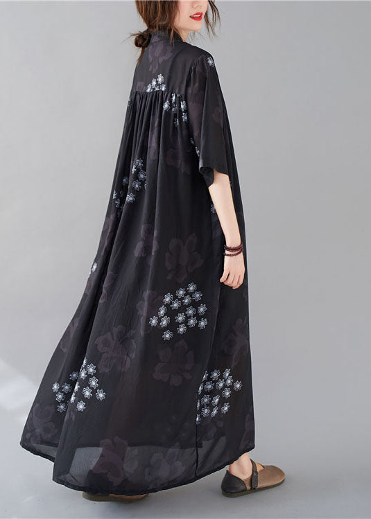 Bohemian Black Stand Collar Oversized Print Chiffon Shirt Dresses Summer