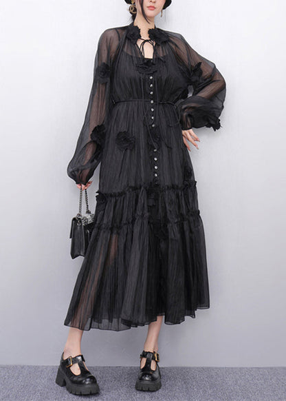 Bohemian Black Stand Collar Ruffled Chiffon Long Dresses Fall