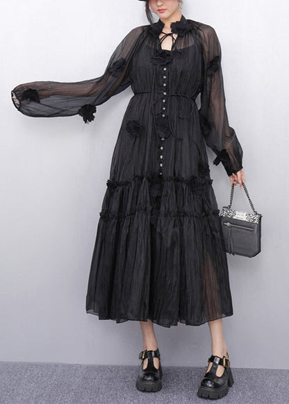 Bohemian Black Stand Collar Ruffled Chiffon Long Dresses Fall