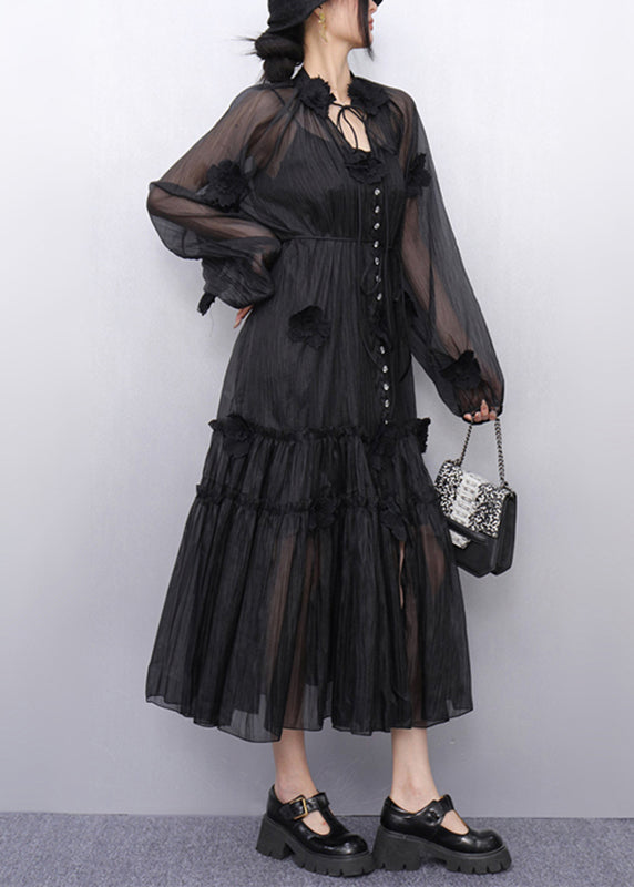 Bohemian Black Stand Collar Ruffled Chiffon Long Dresses Fall