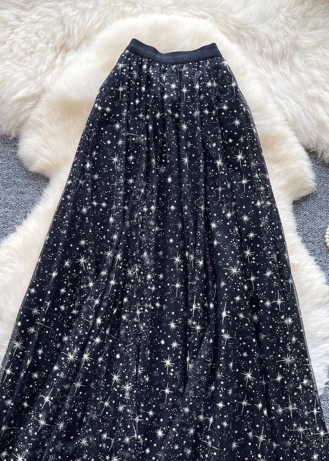 Bohemian Black Star Exra Large Hem Tulle Pleated Skirt Summer