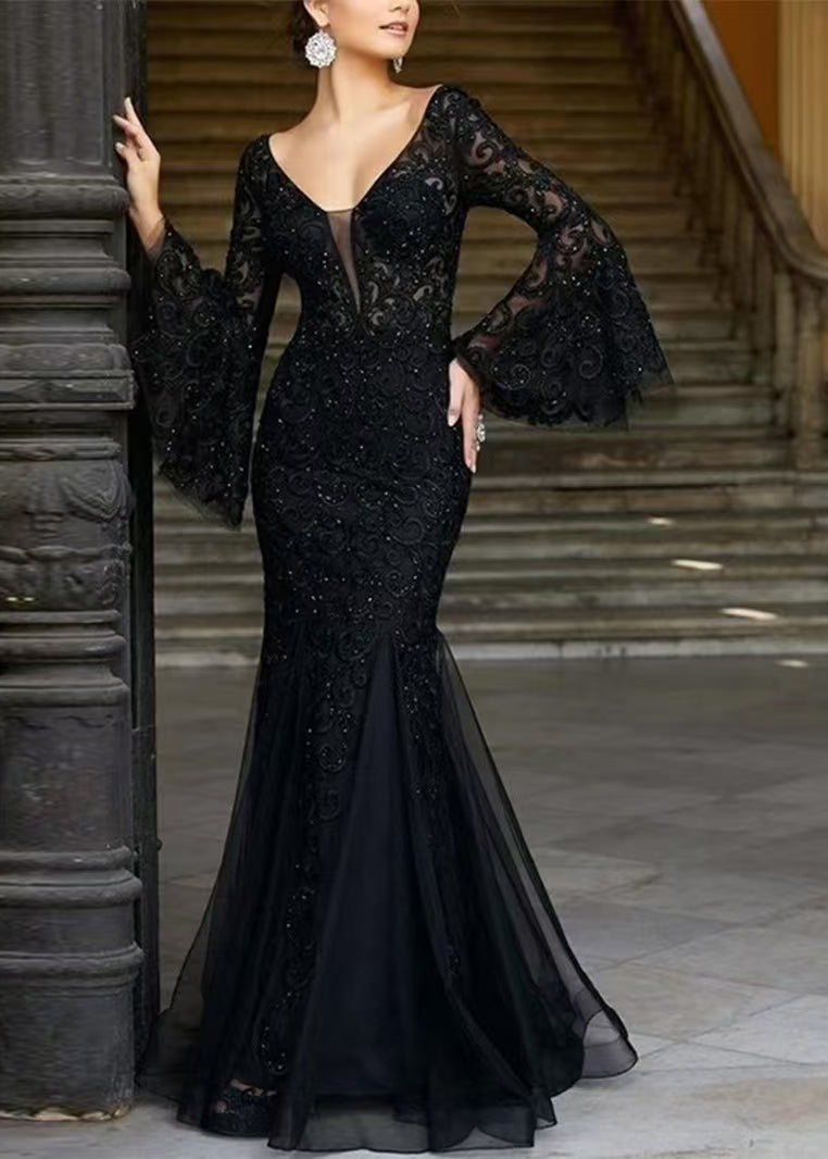 Bohemian Black V Neck Embroidered Patchwork Tulle Dresses Flare Sleeve