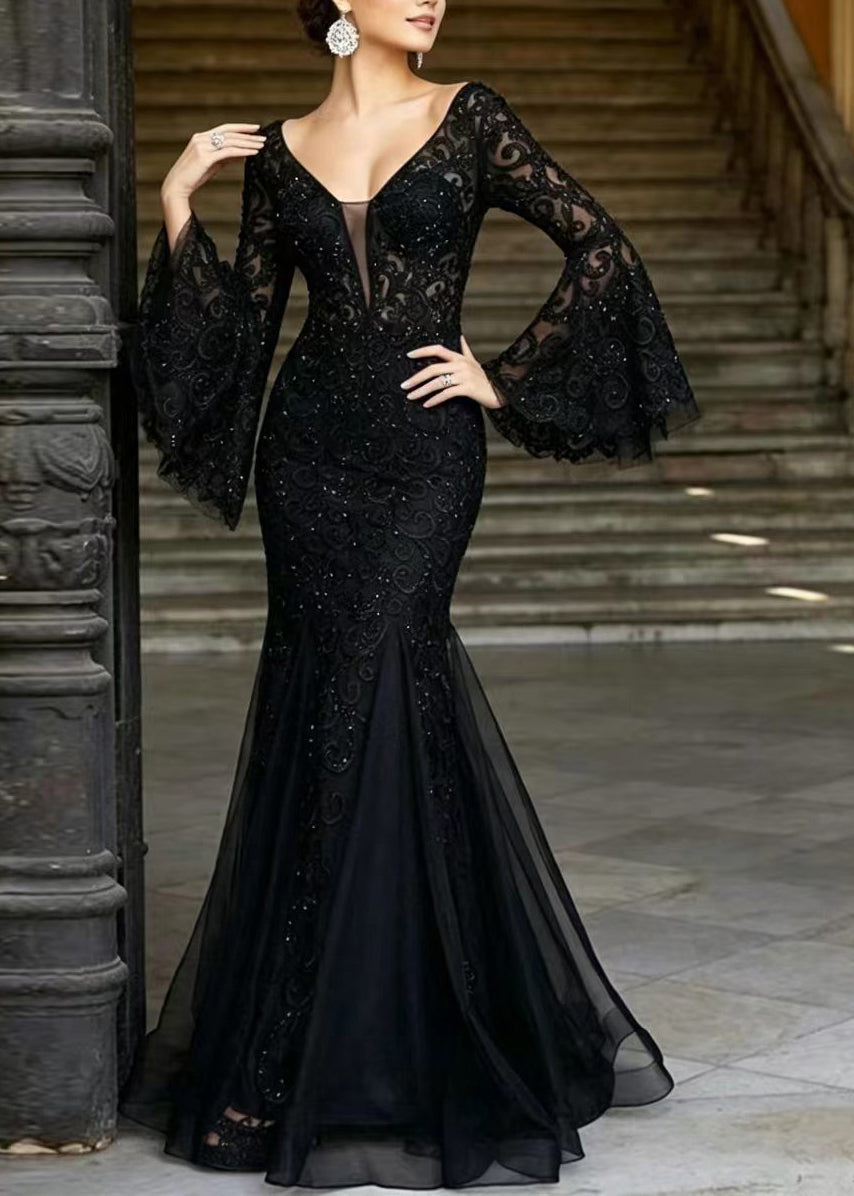 Bohemian Black V Neck Embroidered Patchwork Tulle Dresses Flare Sleeve
