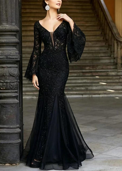 Bohemian Black V Neck Embroidered Patchwork Tulle Dresses Flare Sleeve