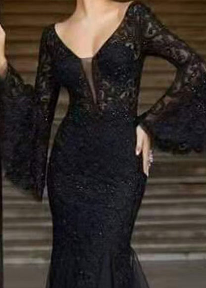 Bohemian Black V Neck Embroidered Patchwork Tulle Dresses Flare Sleeve