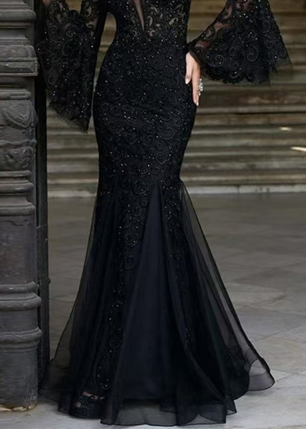 Bohemian Black V Neck Embroidered Patchwork Tulle Dresses Flare Sleeve