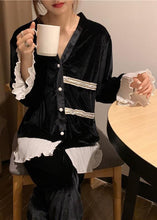 Load image into Gallery viewer, Bohemian Black V Neck Lace Patchwork Silk Velvet Two Pieces Set Spring