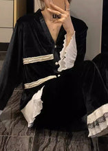 Load image into Gallery viewer, Bohemian Black V Neck Lace Patchwork Silk Velvet Two Pieces Set Spring