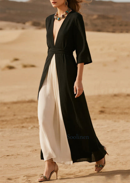 Bohemian Black V Neck Side Open Chiffon Vacation Dresses Half Sleeve