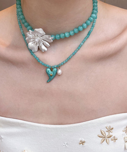 Bohemian Blue Alloy Floral Love Pearl Cat's Eye Stone Beading Pendant Necklace Two-piece set