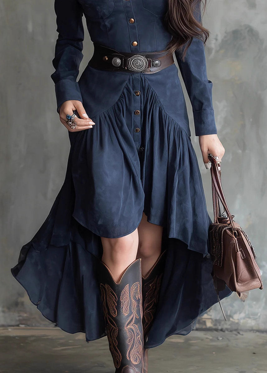 Bohemian Blue Asymmetrical Design Patchwork Faux Suede Dress Fall