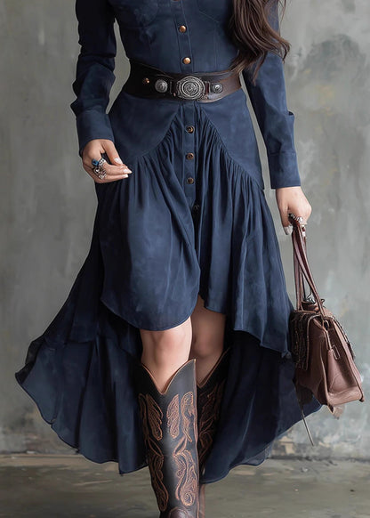 Bohemian Blue Asymmetrical Design Patchwork Faux Suede Dress Fall