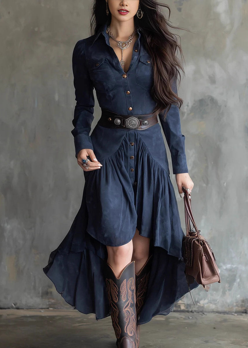 Bohemian Blue Asymmetrical Design Patchwork Faux Suede Dress Fall