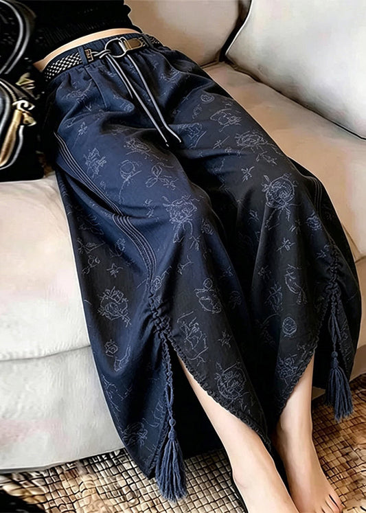 Bohemian Blue Asymmetrical Print Side Open Wide Leg Pants
