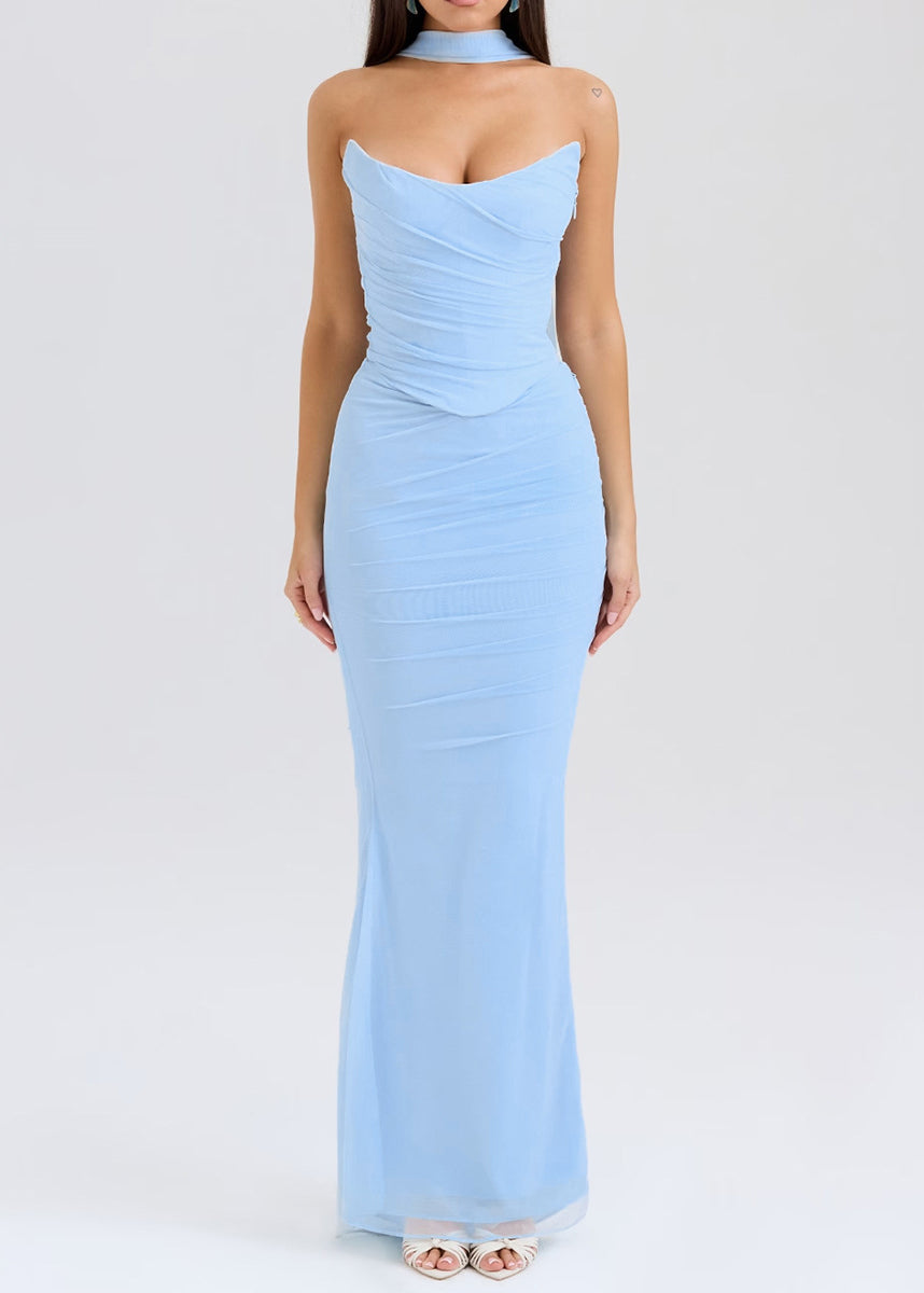 Bohemian Blue Backless Wraped Tulle Strapless Dress