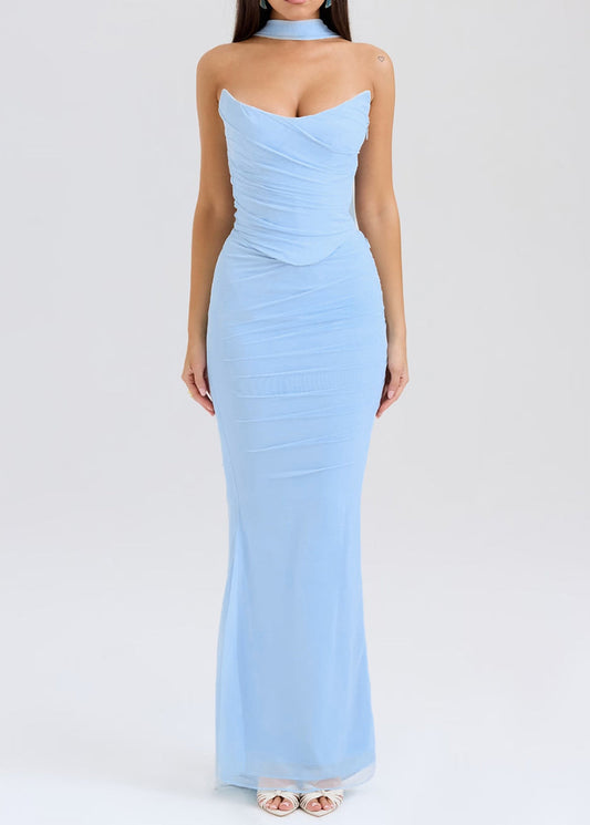 Bohemian Blue Backless Wraped Tulle Strapless Dress