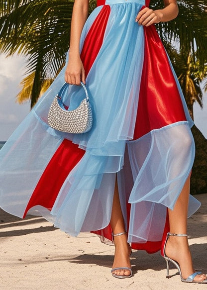 Bohemian Blue Bustier Top Patchwork Chiffon Holiday Dress Summer