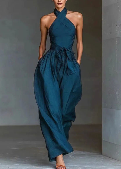 Bohemian Blue Cold Shoulder Tunic Solid Jumpsuit Sleeveless