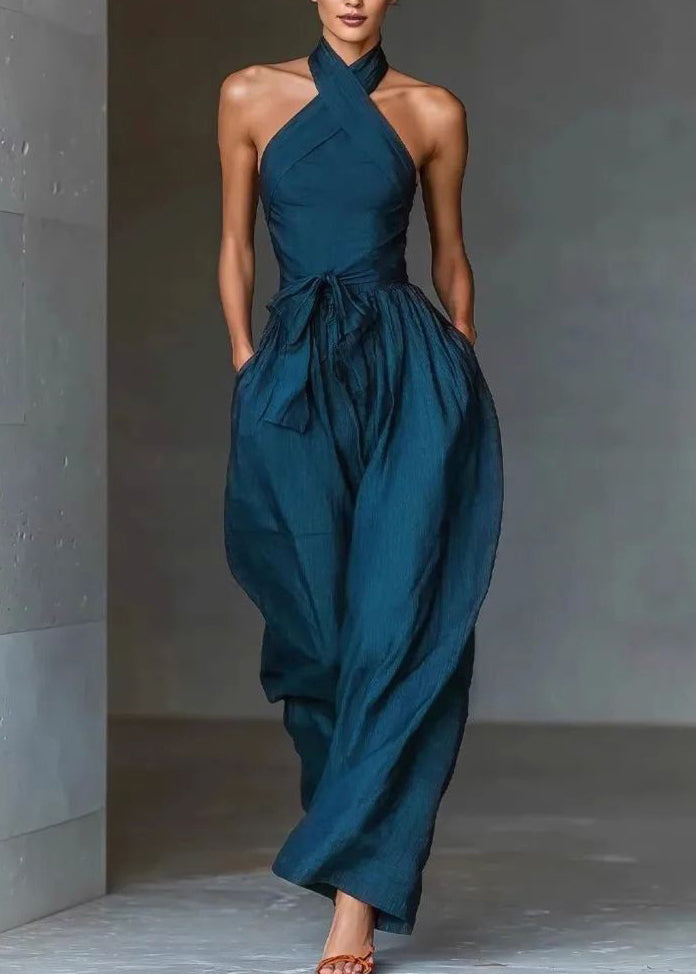 Bohemian Blue Cold Shoulder Tunic Solid Jumpsuit Sleeveless