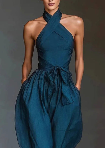 Bohemian Blue Cold Shoulder Tunic Solid Jumpsuit Sleeveless