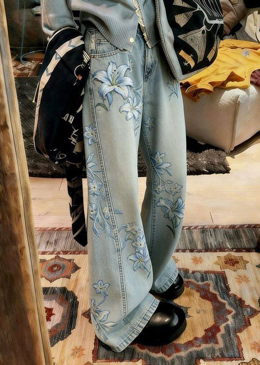 Bohemian Blue Embroidered Floral Denim Wide Leg Pants Spring