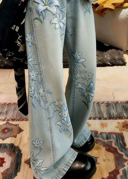 Bohemian Blue Embroidered Floral Denim Wide Leg Pants Spring